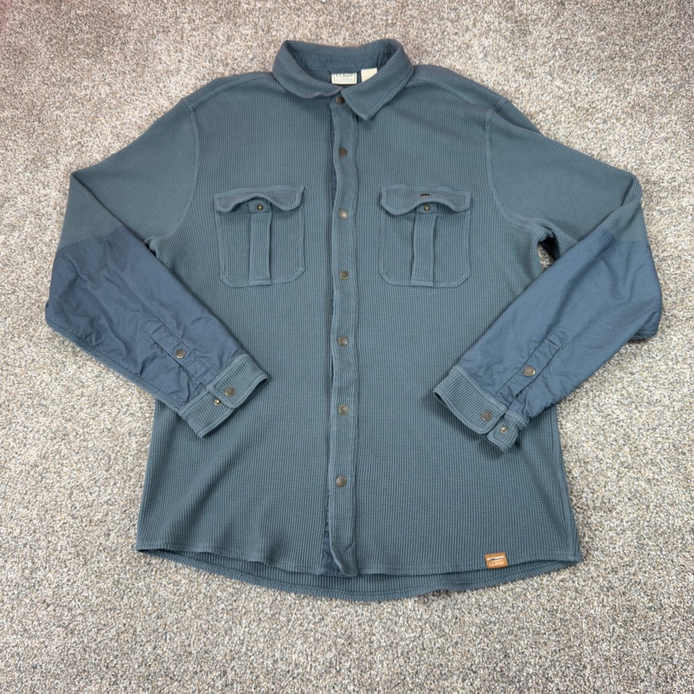 LL Bean Waffle Knit Shirt Jacket Mens LT Blue Thermal Snap Front‎ Elbow Patch